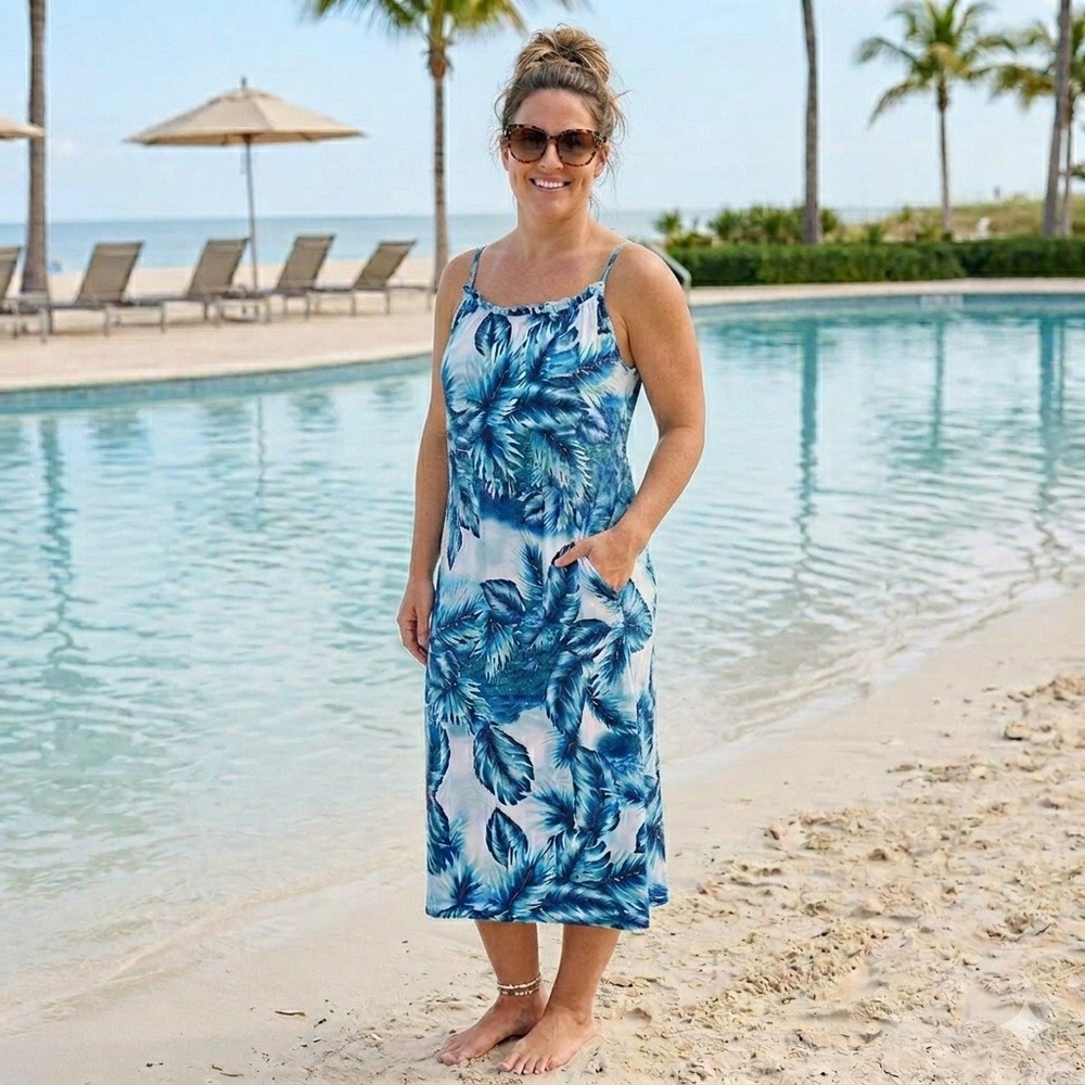 Lilac + London Maxi Dress Women Large Blue Tropical‎ Palm Adj Strap Beach Pool